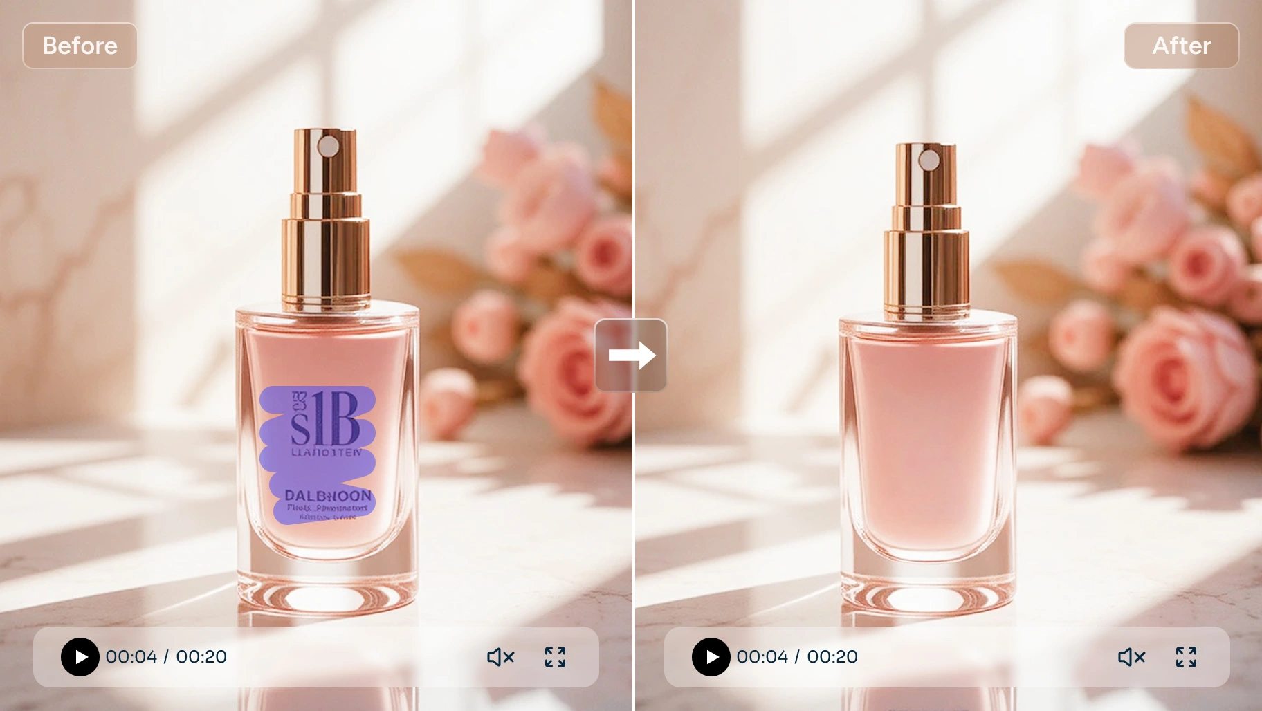 워터마크가 제거된 핑크색 향수병 전후 영상